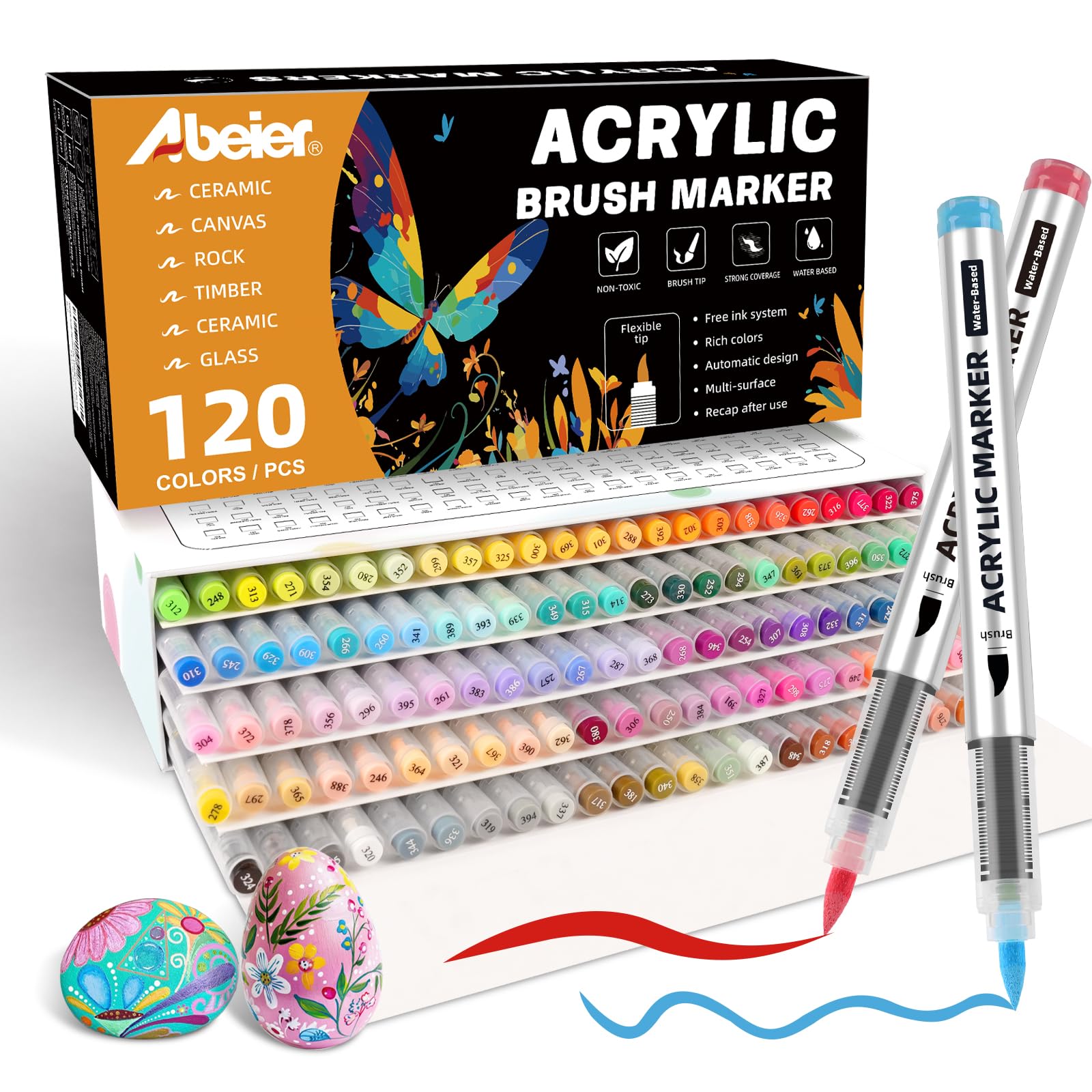 ABEIER 120 Colores Rotuladores Acrilicos, Marcadores AcríLicos de Cabeza de Cepillo Suave, Marcadores Rotuladores Acrílicos para Colorear Adultos, para Piedra, Madera, Lienzo, Vidrio, Cerámica