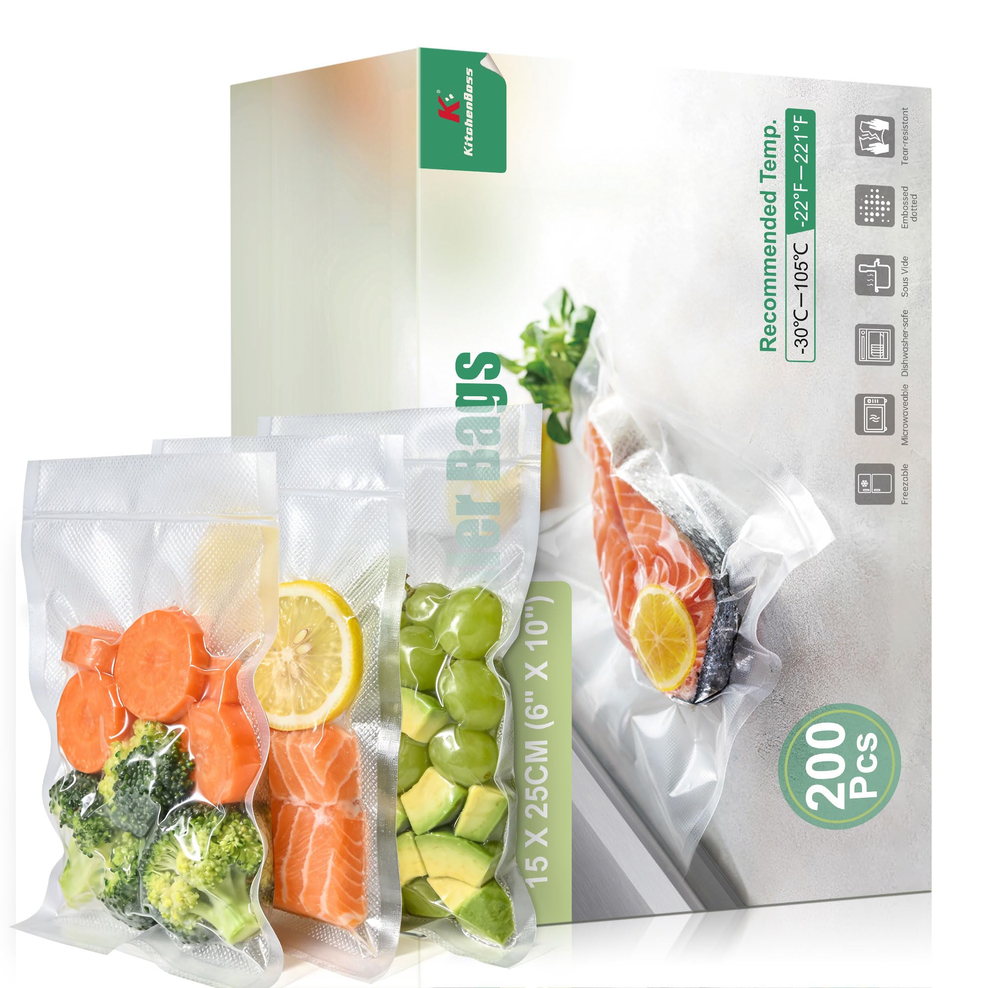 KitchenBoss 200 Pezzi Sacchetti Sottovuoto per Alimenti：15x25 cm Buste Sottovuoto Alimenti per Macchina Sottovuoto e Cottura Sous Vide, 175 µm, Indistruttibili, Senza BPA