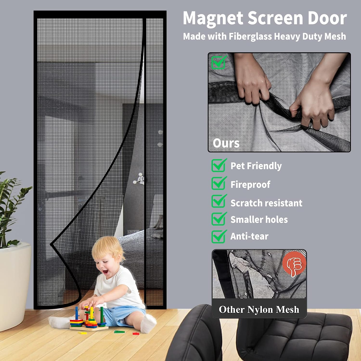 Reversible Left or Right Side Opening Magnetic Screen Door, Narrow Durable Fiberglass Mesh Curtain Hands Free for Patio, Bedroom, Fits Door Size 36" x 82", Black thumbnail