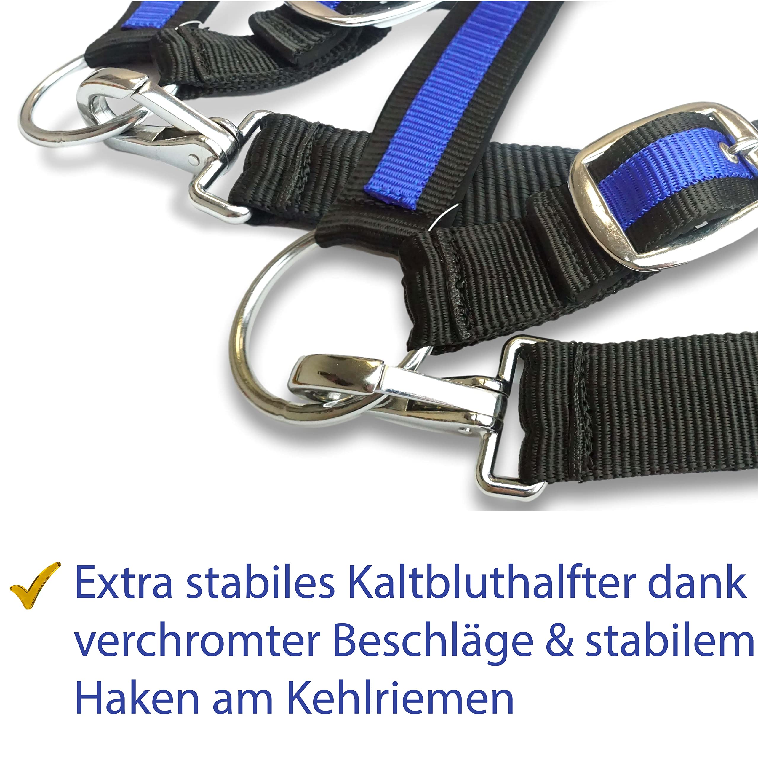 Halfter für Pferde Kaltblut | Halfter xxfull, Stallhalfter| Halfter verstellbar 2 Fach an Kinnriemen & Genickstück (Schwarz-Royalblau, XXFull (Kaltblut))