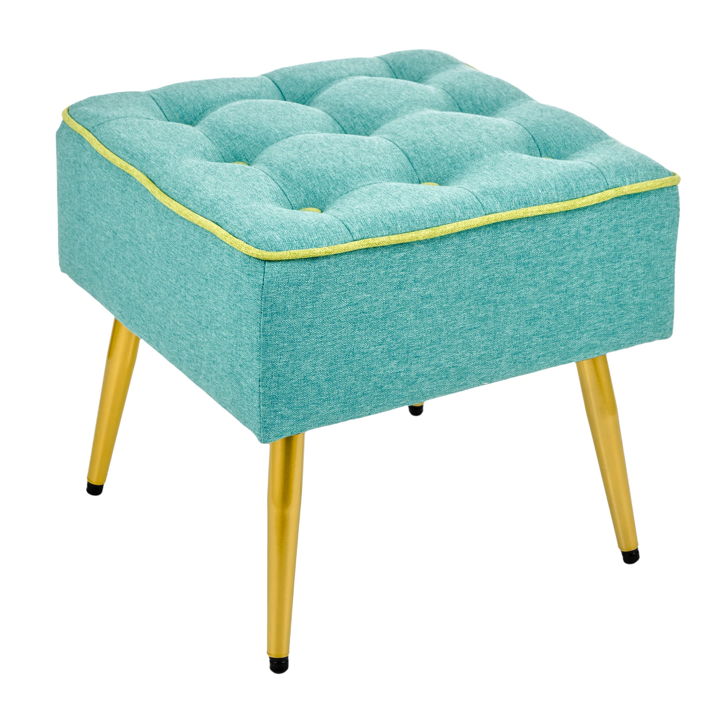 Baroni Home Sgabello Imbottito in Tessuto, Sgabello Quadrato con Gambe in Legno Naturale, Poggiapiedi, Sedia, 40X40X35 cm, (Turchese Bordo Verde)