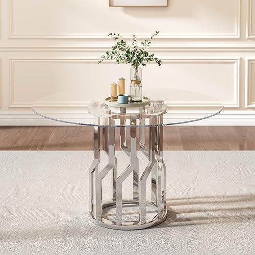 Miniatura 5 de Mesa de comedor redonda de vidrio de 47 pulgadas para 4-6: mesa de cocina de vidrio circular con patas de acero, mesa de comedor moderna para cena,