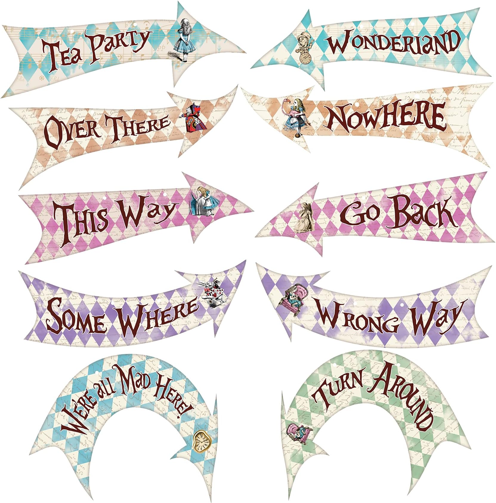 Alice in Wonderland Party Decorations, Mad Hatter Tea Party Supplies, Arrow Hanging Signs Pack of 10(Double-Sided Design)