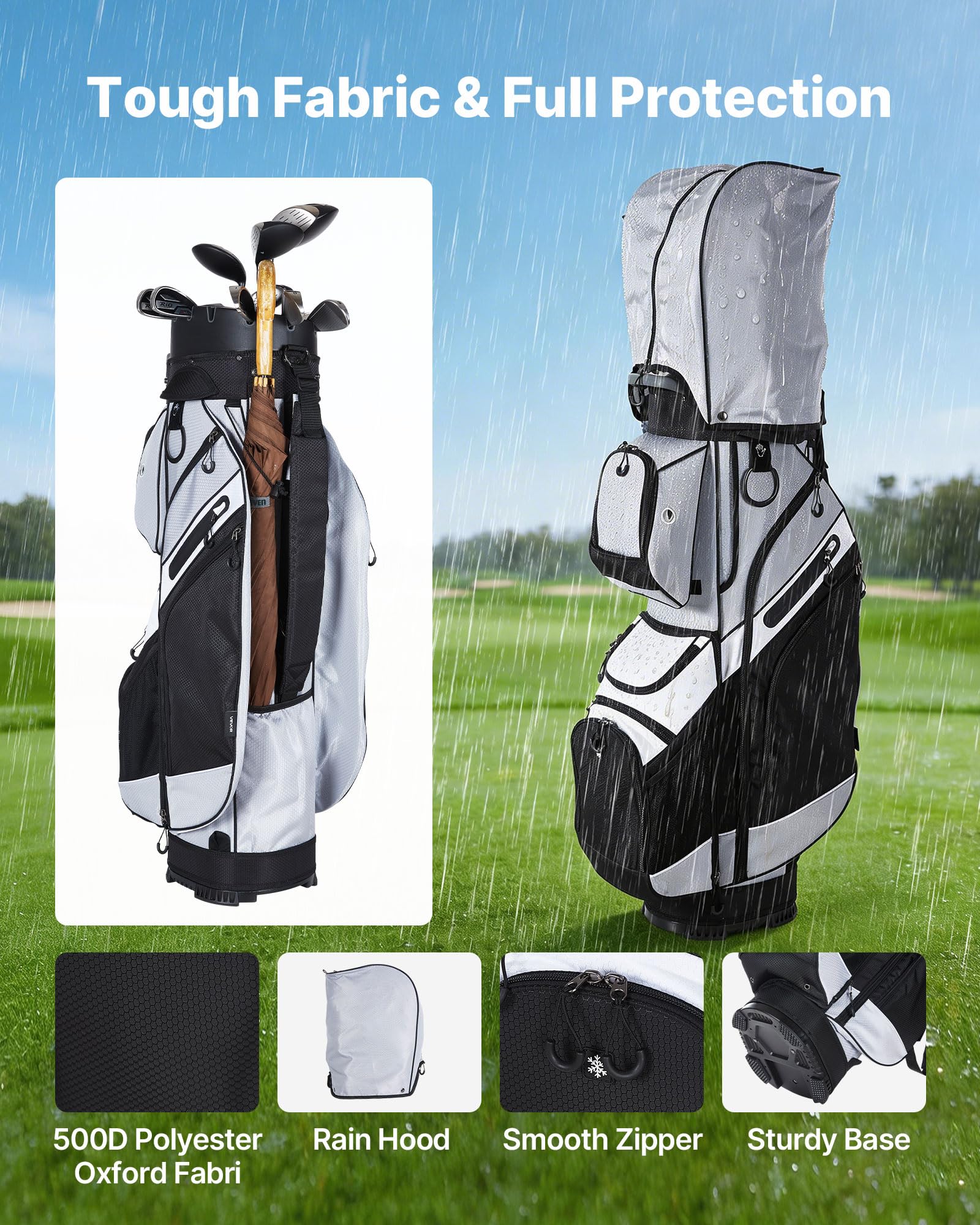 VEVOR Golftasche mit 14-fache Durchgehenden Schlägerfächern Tragegriffen Stautaschen Schultergurt Regenschutzhaube Leichtgängigen Reißverschlüssen Golfbag aus Strapazierfähigem 500D Polyester