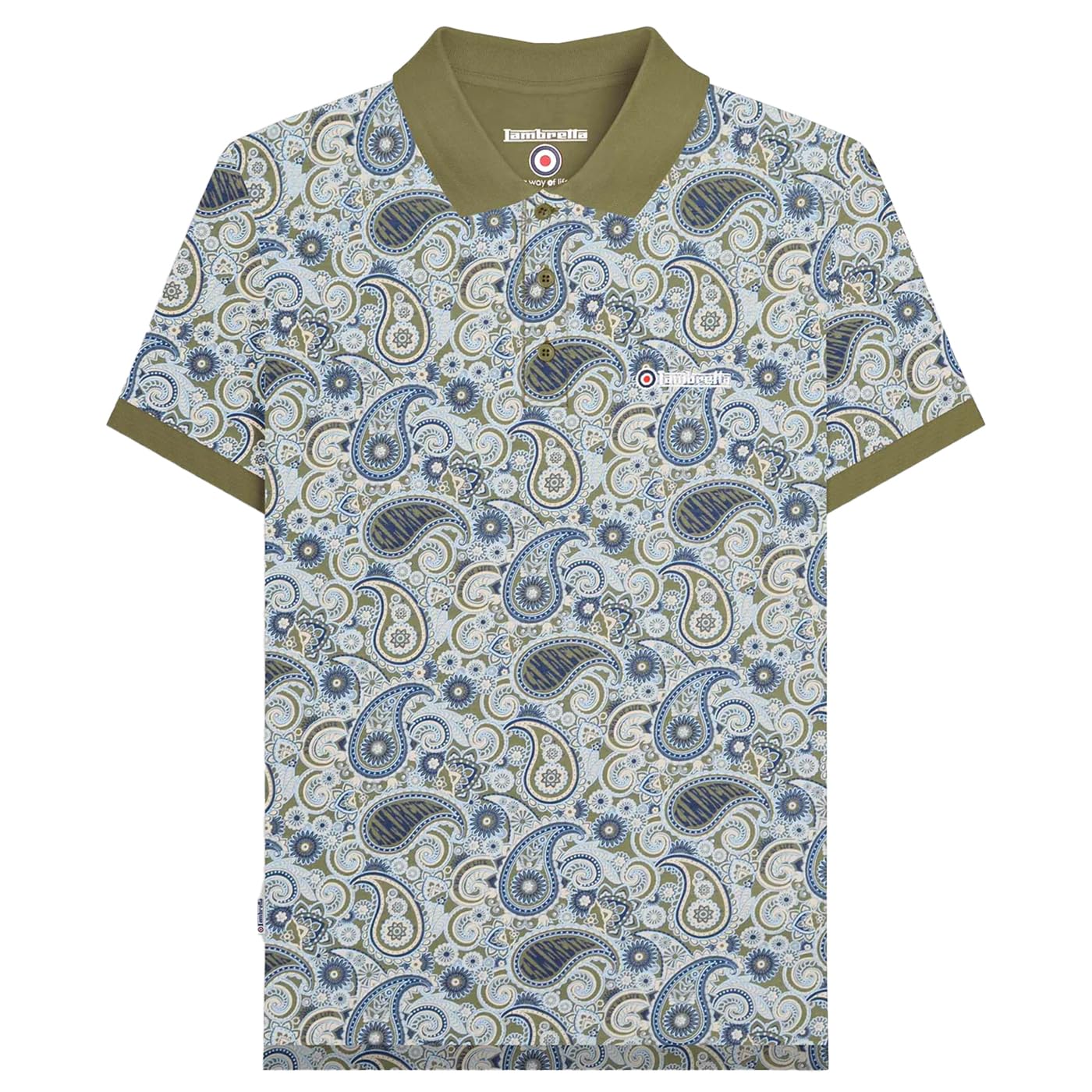 Lambretta Mens Paisley Brand Three Button Polo Shirt - Khaki/Navy - 3XL