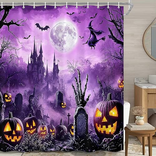 Miniatura 4 de Boziqr Cortina de ducha de Halloween, noche aterradora, luna, bruja, casa encantada, calabaza, decoración de baño, otoño y otoño, cortina de baño