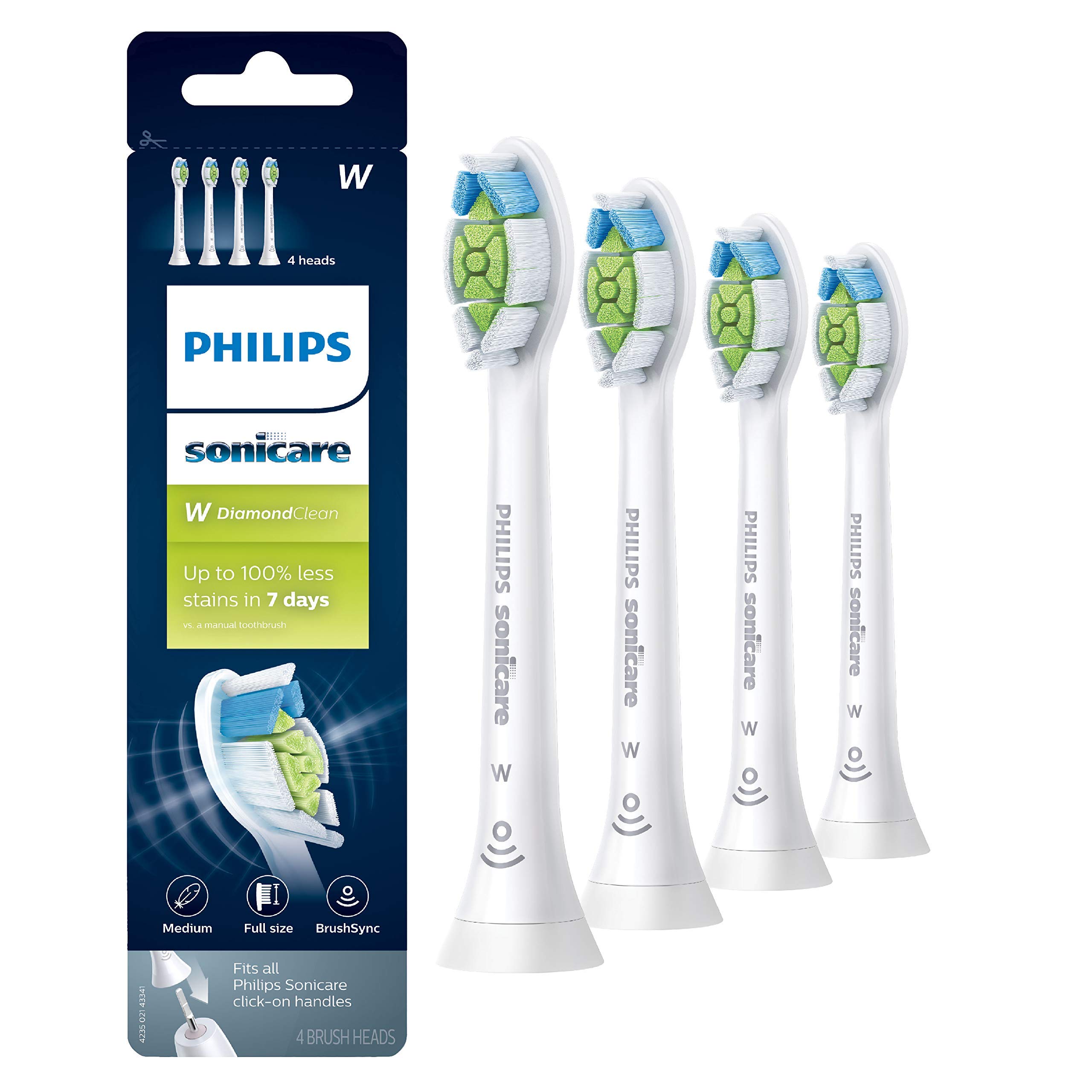 Philips Sonicare Genuine W DiamondClean Replacement Toothbrush Heads, 4 Brush Heads, White, HX6064/65