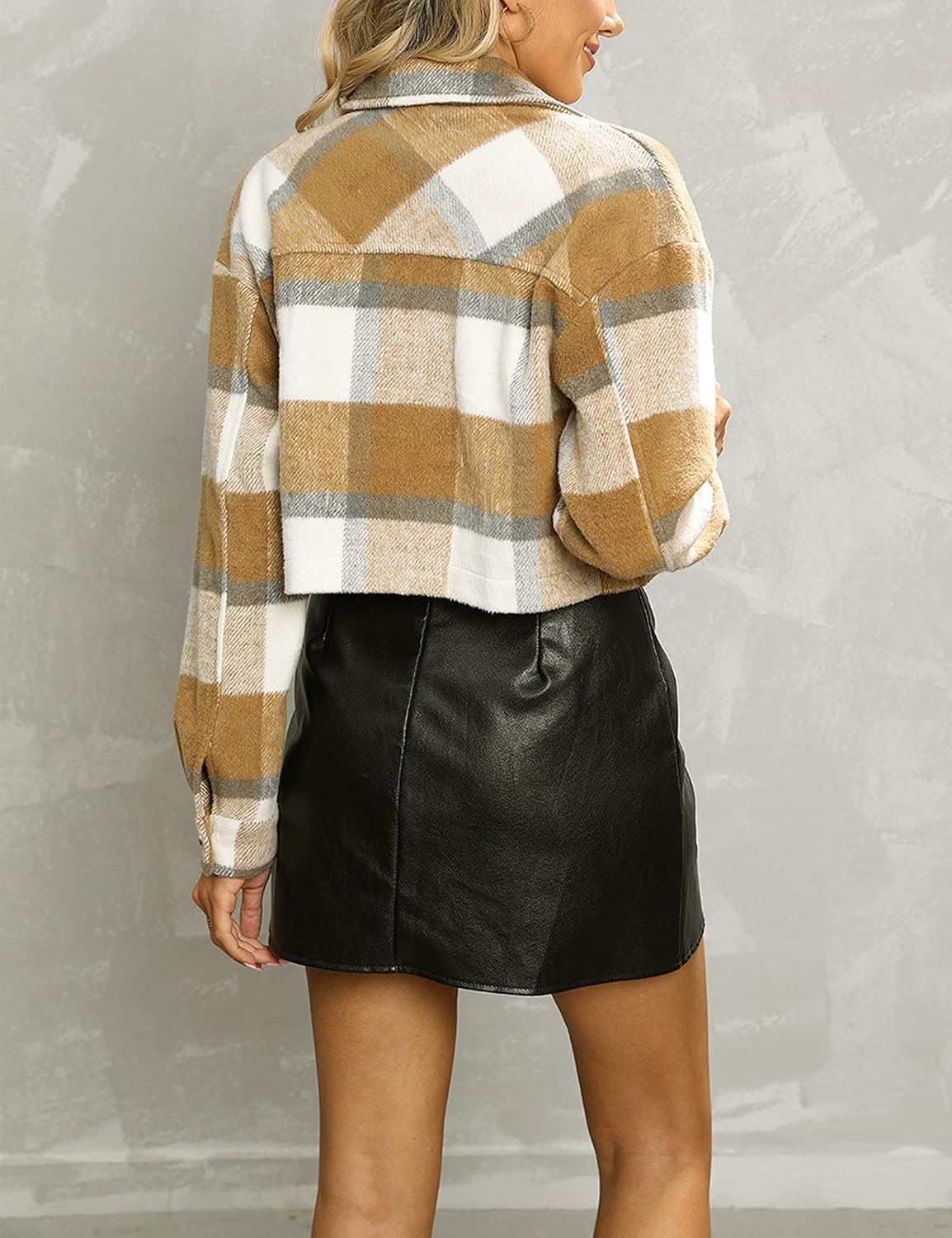 Yeokou Women's Fashion Cropped Flannel Shirt Plaid Shacket Long Sleeve Button Down Jackets Coat - Image 4