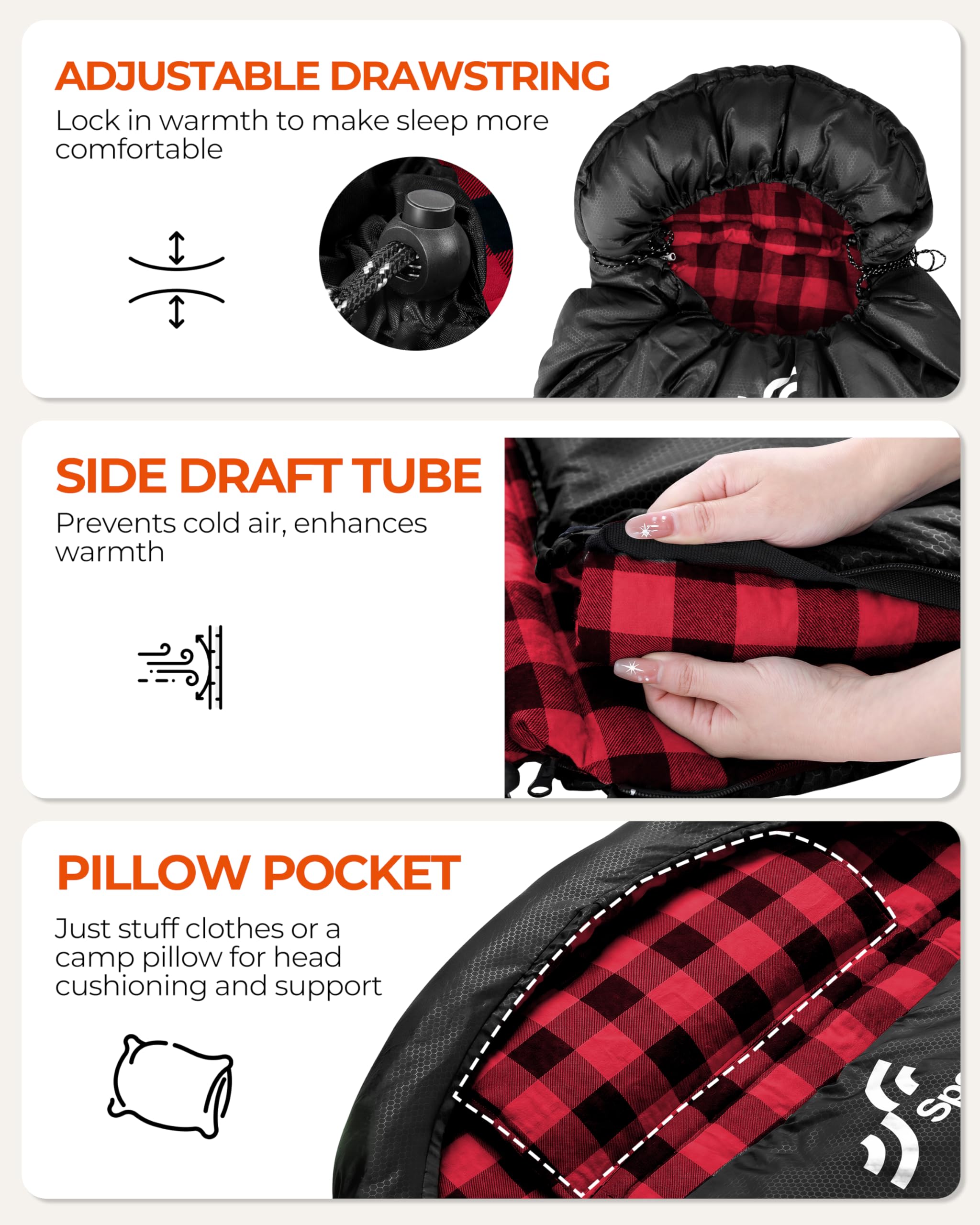 Sportneer Schlafsack Outdoor - Winterschlafsack Flanell 220 x 85 cm Schlafsack Winter mit Abnehmbarer Kapuze, Kompakt Deckenschlafsack 3-4 Jahreszeit Kaltes Wetter Outdoor Winter für Camping