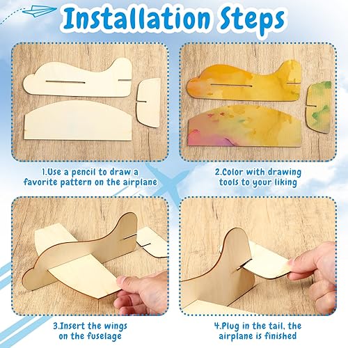 Miniatura 3 de Shappy Paquete de 24 aviones de madera DIY con herramientas de decoración, modelo de madera, avión de madera de Balsa con kits de pintura, avión de