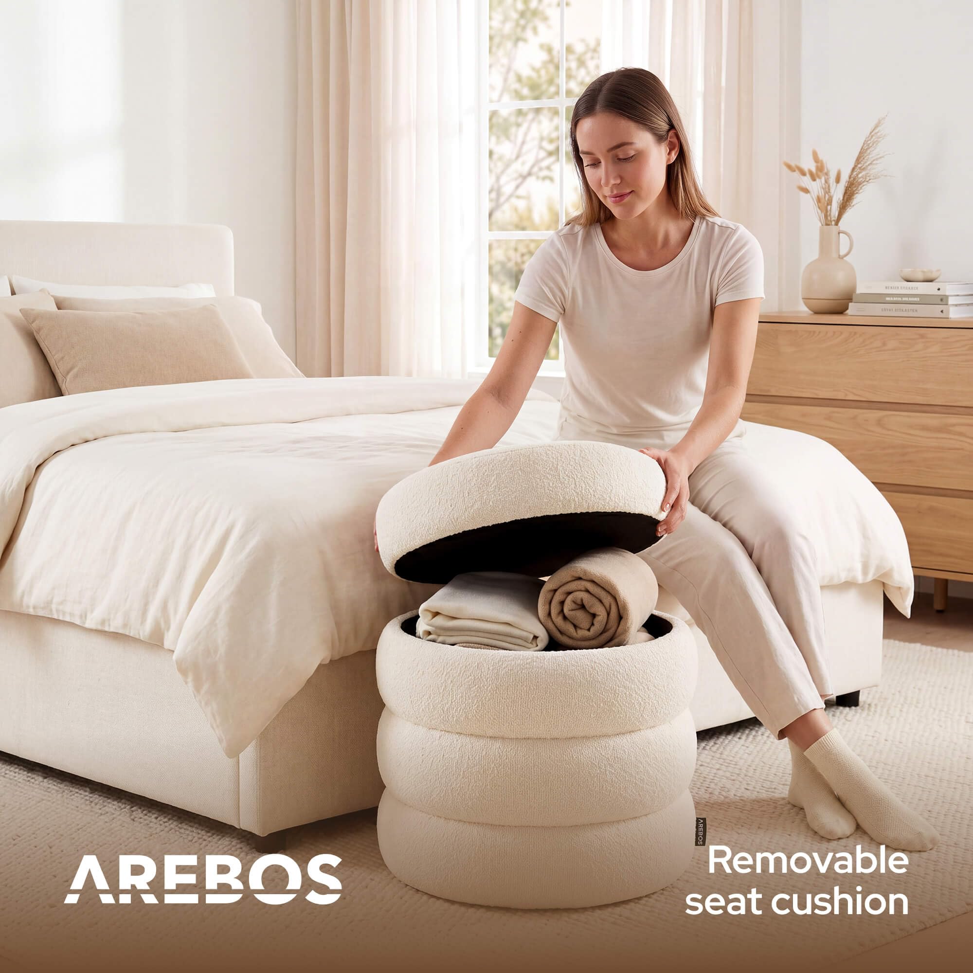 AREBOS Pouf contenitore Ø42 cm | Bouclé | Pouf imbottito | 120 kg | Pouf rotondo con coperchio rimovibile, morbido tessuto bouclé e pratico vano portaoggetti