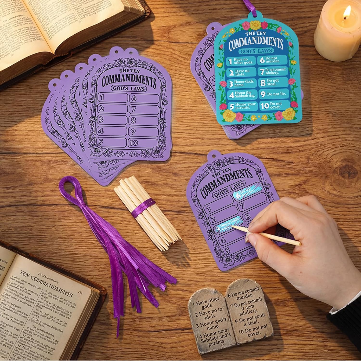 Jenaai 24 Sets Ten Commandments Crafts Magic Color Scratch Kit | 10 Commandments Scratch Cards, Sunday School Crafts, Religion Christian DIY Decor for Home Activity Gift Paint Cards