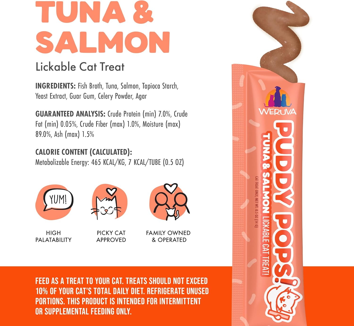 Weruva Puddy Pops, Tuna and Salmon Lickable Cat Treats, 0.5oz Tube, Pack of 50