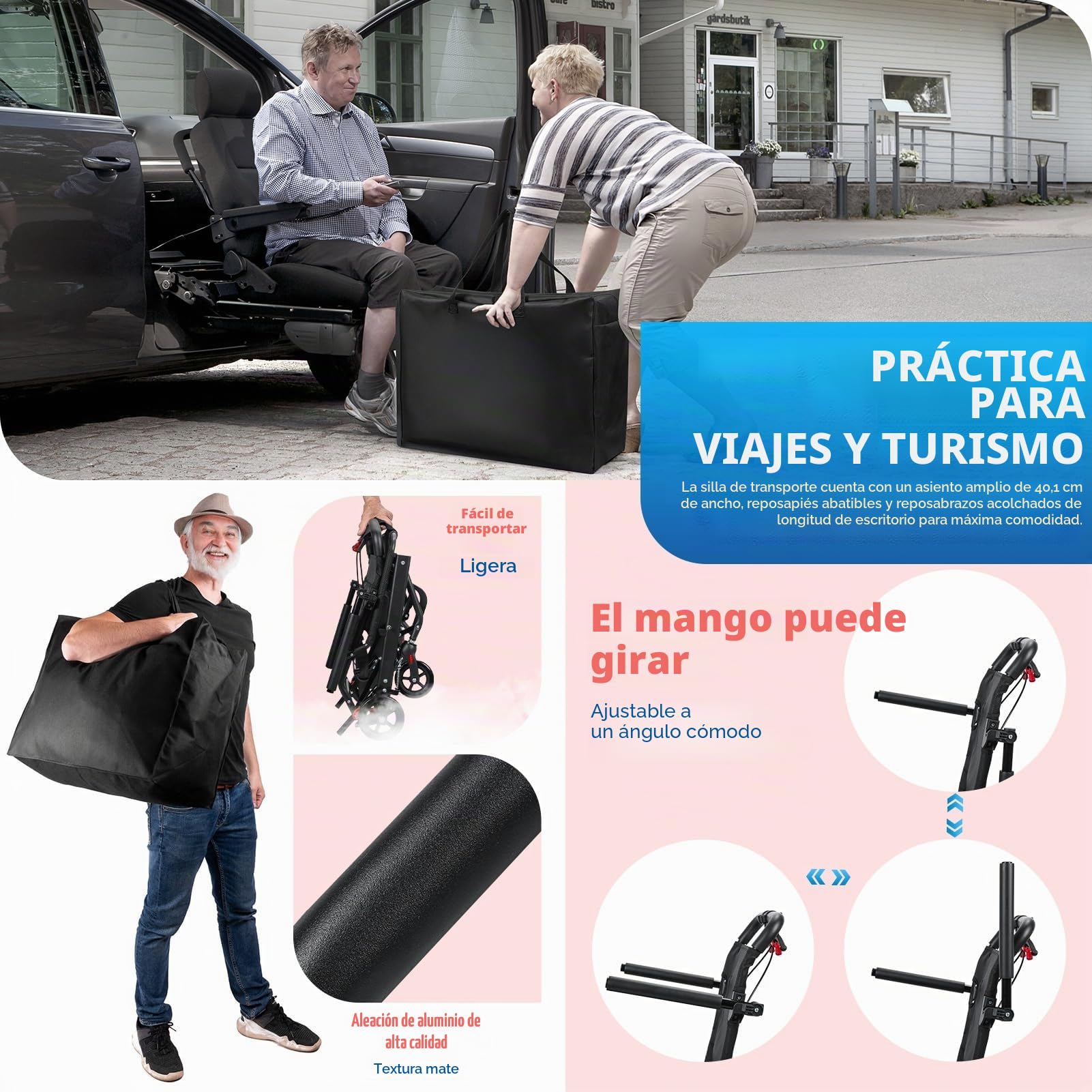 Silla de ruedas ultraligera de 13 libras para adultos, plegable de aluminio, silla de ruedas de viaje portátil, ligera - con manillar de freno para personas mayores, capacidad de carga de 286