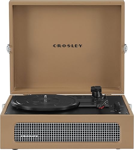 Crosley CR8017B-TA Voyager - Tocadiscos de vinilo portátil vintage con entradasalida Bluetooth y altavoces integrados, color marrón