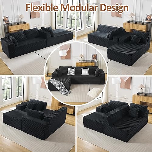 Miniatura 6 de Sofá modular deshuesado de 110 pulgadas con diván, sofá comprimido en forma de L, sofá de espuma viscoelástica sin montaje para sala de estar, pana