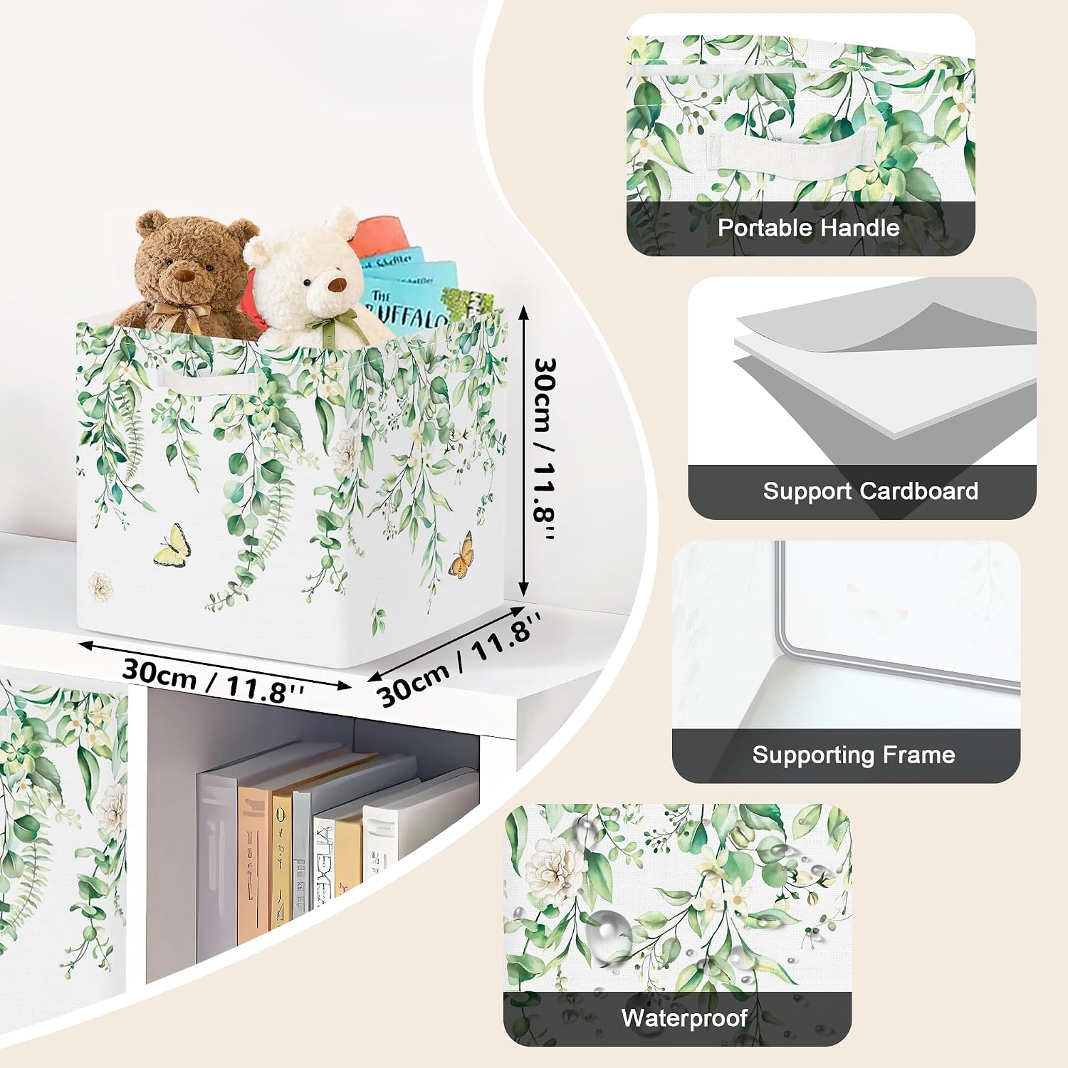 Clastyle 3 pcs Leaf Women Cube Storage Unit Bin with Metal Frame Foldable Kallax Box for Shelves Ladies Girls Closet Organizer Basket for Book Clothes Toy Organizer, Eucalyptus, 11.8x11.8x11.8 in