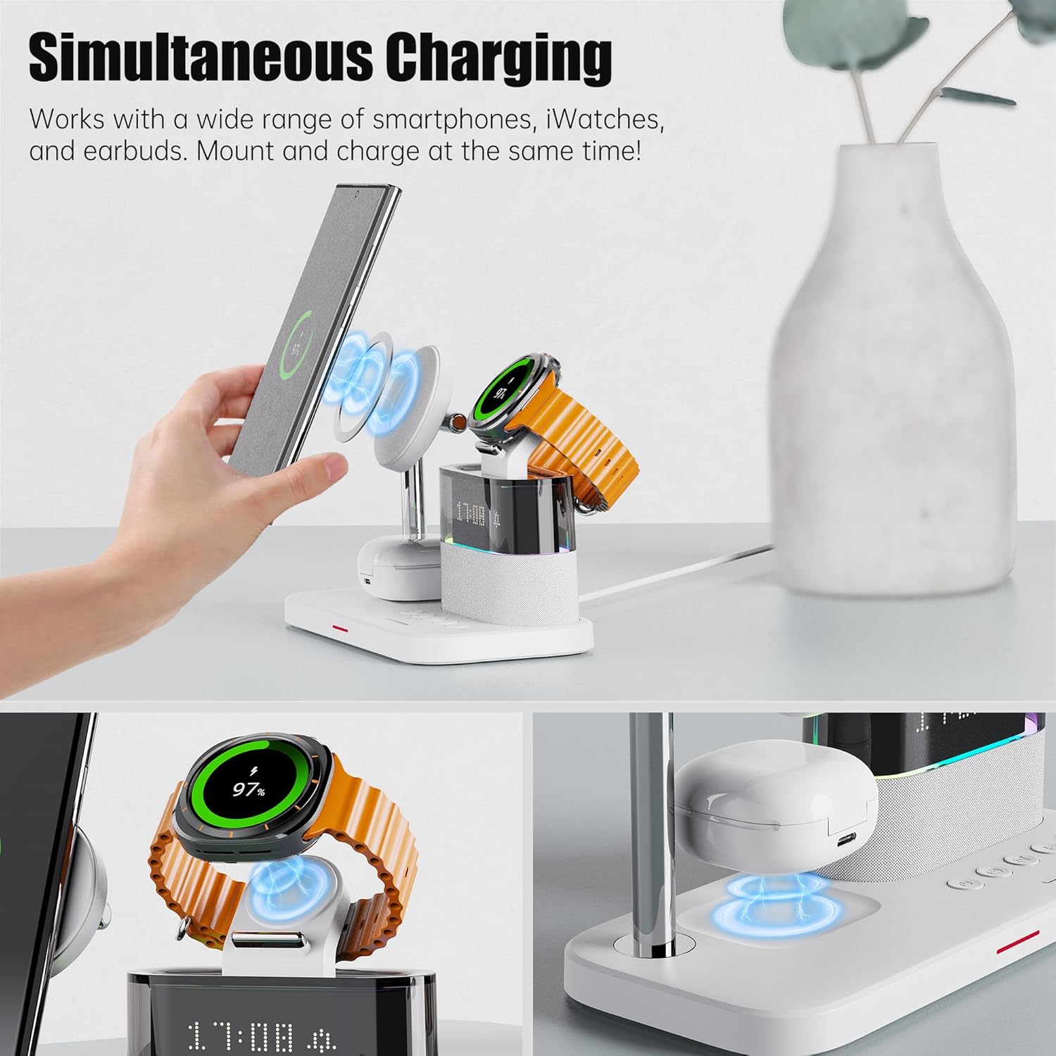 Magnetic Charger for Samsung, 5 in 1 Wireless Charging Station with Alarm Clock for Samsung Galaxy S25 Ultra/S24/S23/S22,Galaxy Watch 7/6/4/5,Galaxy Buds/Pro, White - Image 8