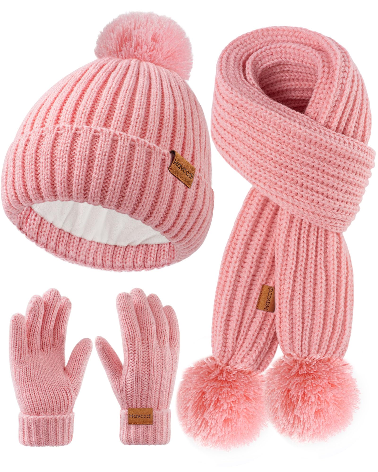 Kids Winter Hat Scarf Gloves Set - Girls Boys Fleece Lined Beanie Hat with Pom Knit Scarf Warm Mittens for Children