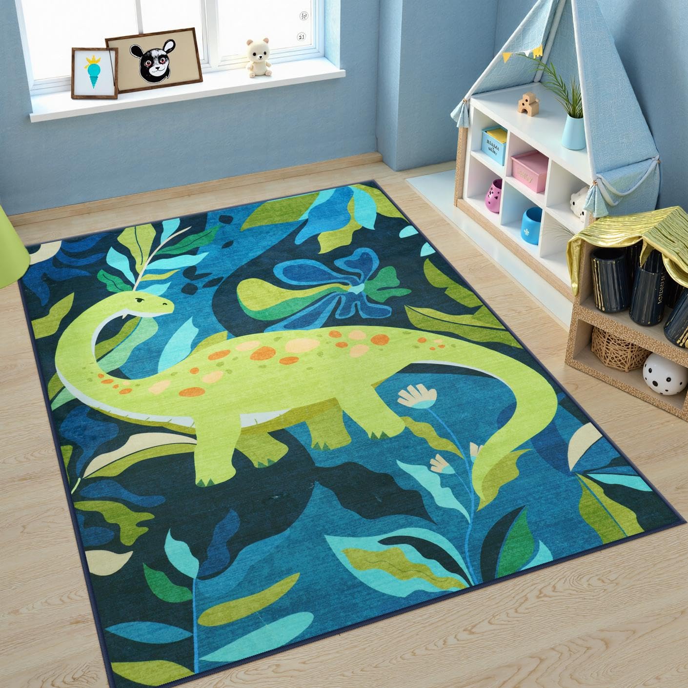 LIVEBOX 5x7 Rug for Kids Room, Soft Washable Dinosaur Rug for Boy Playroom,Non-Slip Machine Washable Blue Rugs for Bedroom, Throw Carpet Animal Rugs for Nursery Classroom (Blue,5'x7')