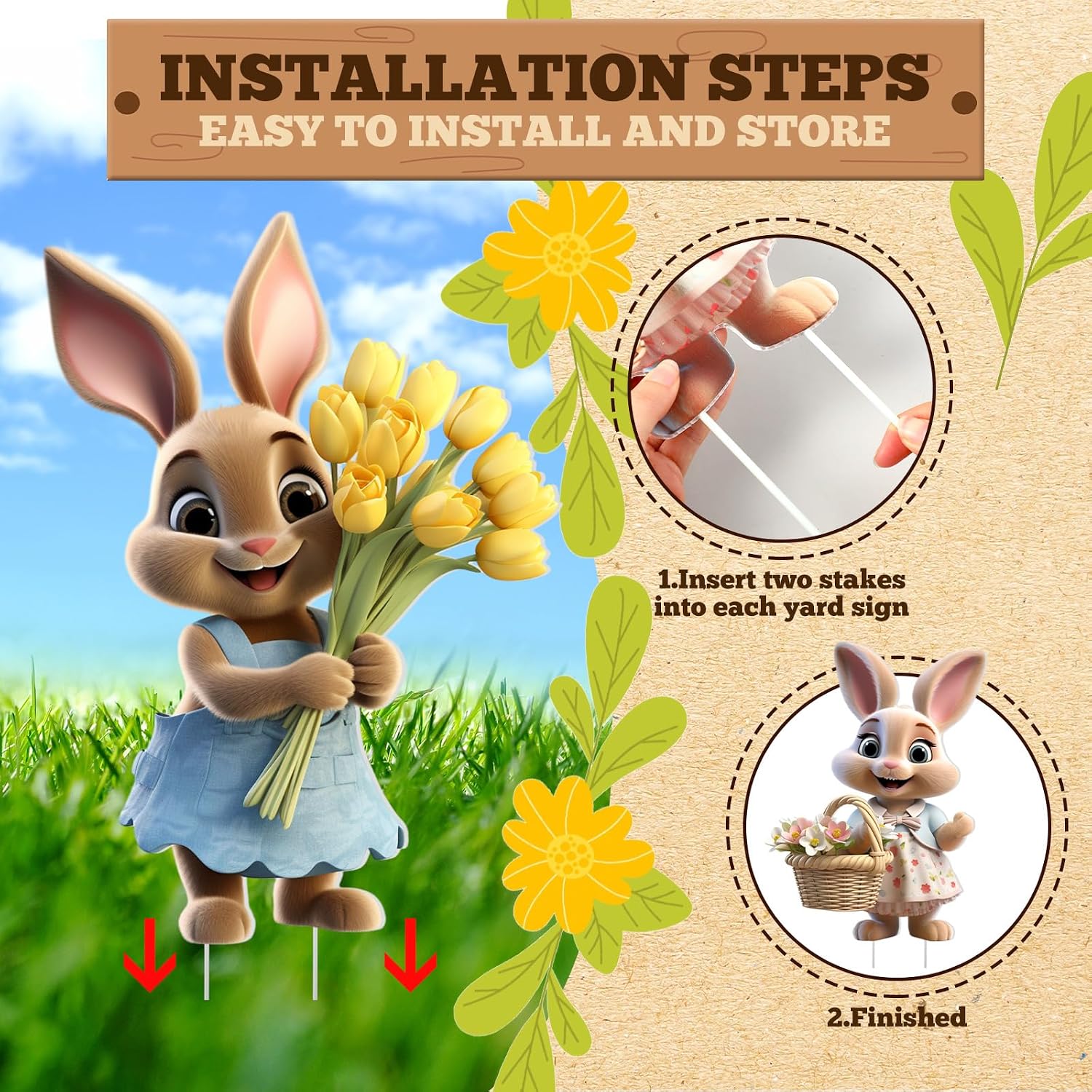 9 Pcs Large Outdoor Easter Bunny Decorations Colorful Easter Bunny Yard Signs with Stakes Outdoor Garden Decorations Holiday Welcome Lawn Signs for Spring Home Lawn Patio Decor