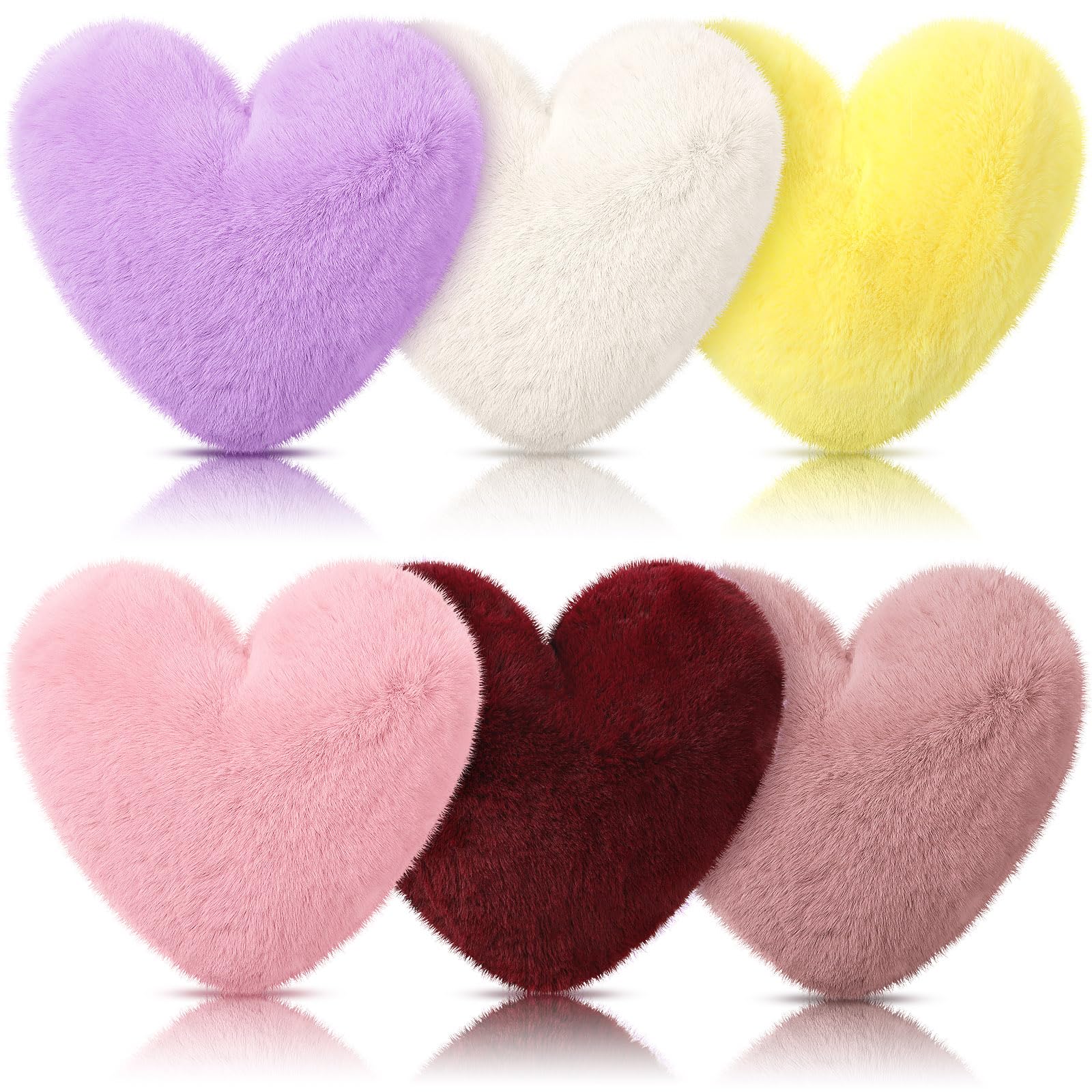 Liliful 6 Pcs Faux Rabbit Fur Heart Pillows Valentines Fluffy Heart Throw Pillows Cute Couch Cushion Soft Decorative Throw Cushion for Bed Sofa Girls Women(12 x 11 Inch,Bright Color)