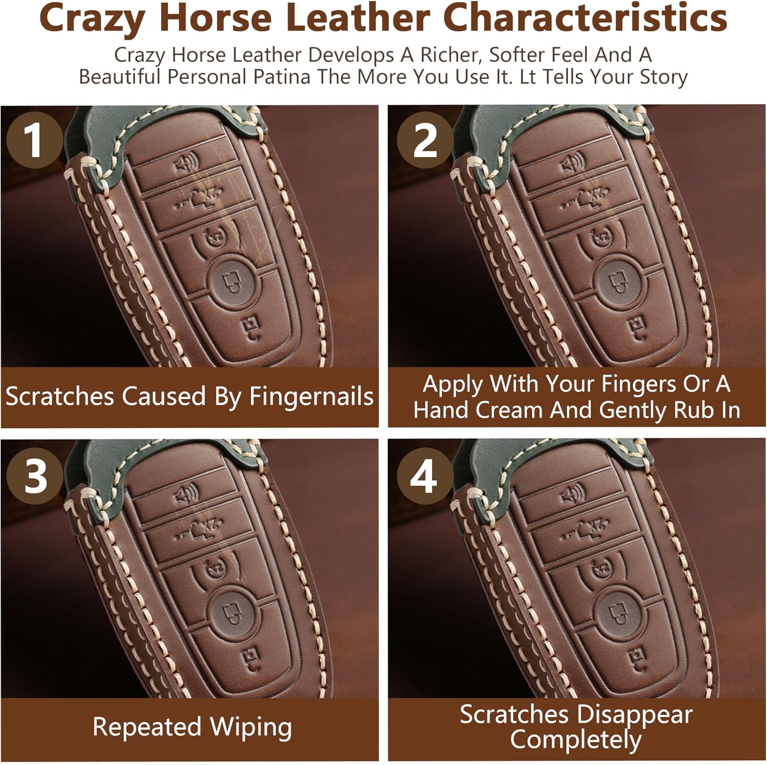 Compatible with Ford Key Fob Cover 5 Button, Hand-Stitched Vintage Leather Smart Key Case Pouch for F150 F250 F350 Explorer Ranger Expedition Maverick Mustang, Retro Sleeve with Brass Ring - Brown