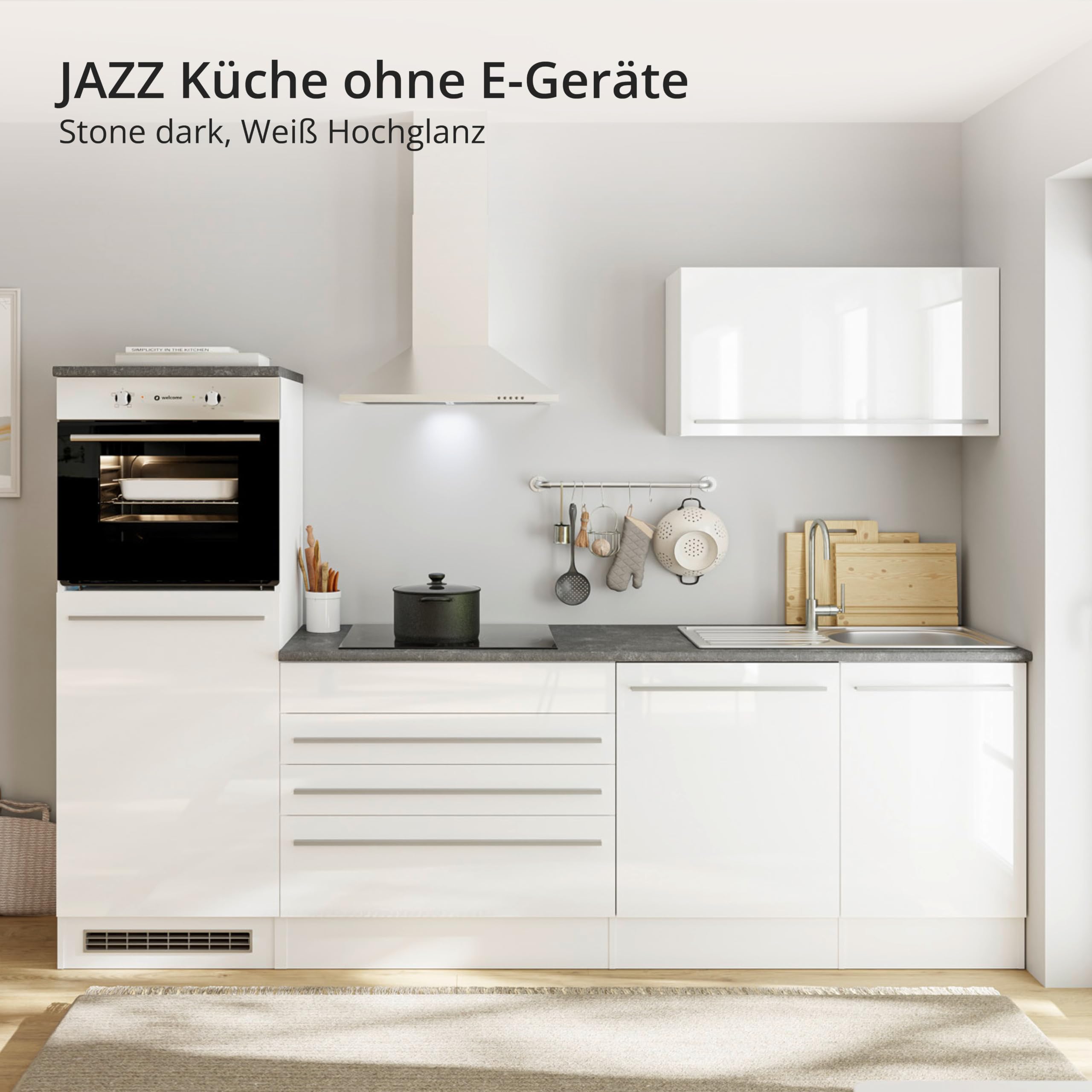 84-131-13 JAZZ Küchenblock Küchenzeile Weiß Hochglanz ohne Geräte ca. 260 x 200 x 60 cm | Küche ohne Elektrogeräte, moderne Küchenzeile, Küchenblock, Umbauschrank für Backofen, Arbeitsplatte Steingrau, Griffleisten