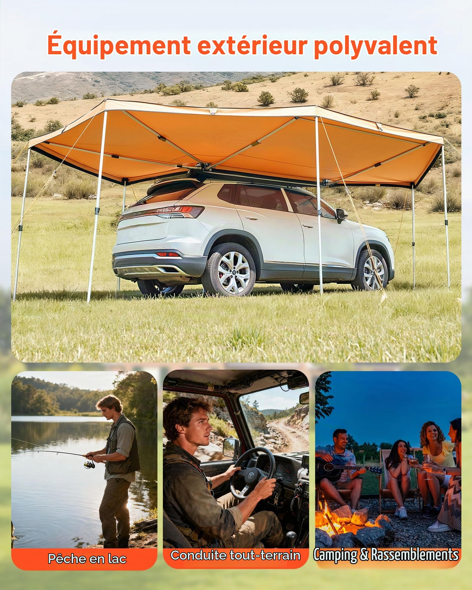 VEVOR Auvent 270 Degrés 6,08x2,10 m Auvent Voiture Latéral Côté Passager Rétractable Abri Autoportant Toutes Saisons Étanche UV50+ pour Véhicule SUV Fourgonnettes Camionnettes, avec Sac de Rangement