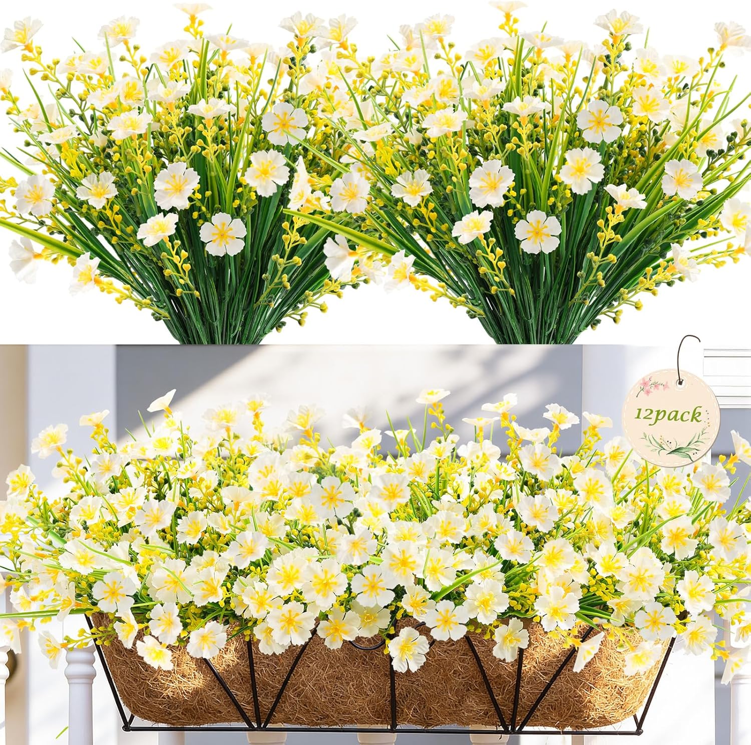 MACTING 12 Bundles Artificial Flowers for Outdoors UV Resistant Fake Flowers No Fade Faux Outdoor Plants for Planters Garden Porch Yard Window Indoor Outside Home Spring Decorations,White