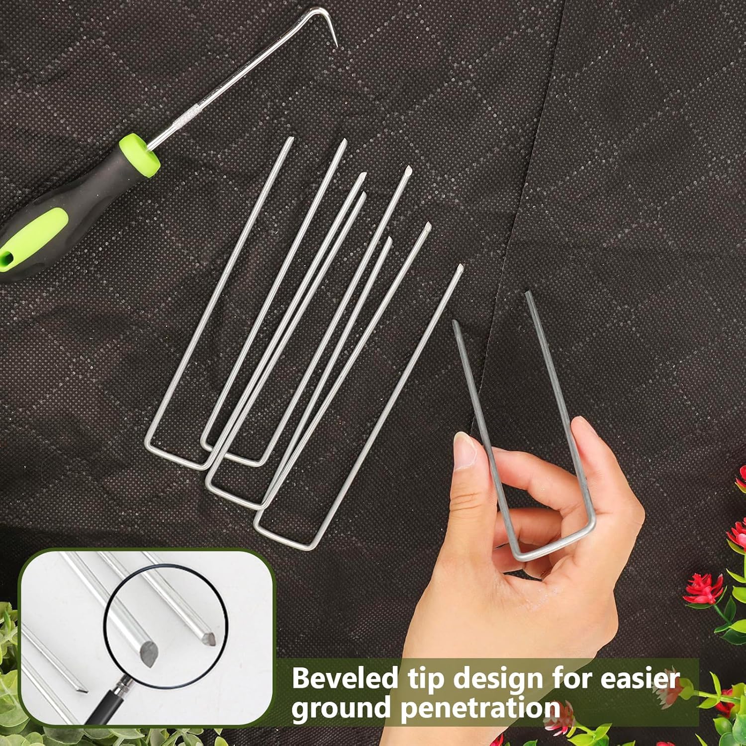 200 Packs Garden Stakes Staples 6 inch 100 Pack 11 Gauge U-Shaped Garden Galvanized Stakes, 100pcs Gaskets with Hammer and Gloves Pair, for Securing Weed Barrier Fabric, Irrigation Tubing