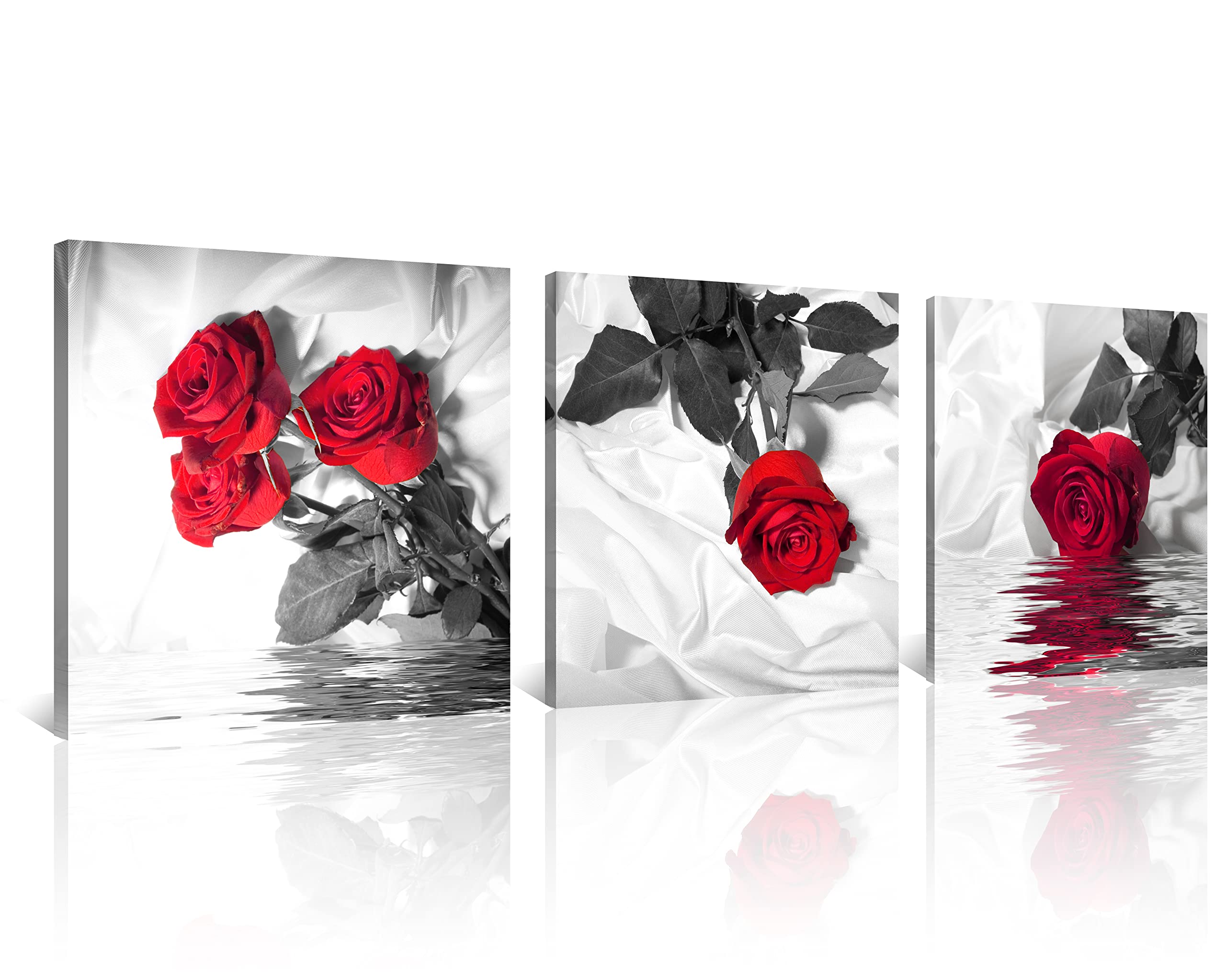 NAN Wind Canvas Print 3 Pcs Black White and Red Wall Art Rose Wall Decor Abstract Decorations Flower Picture on Canvas for Home Decor Stretched and Framed 12X12inches
