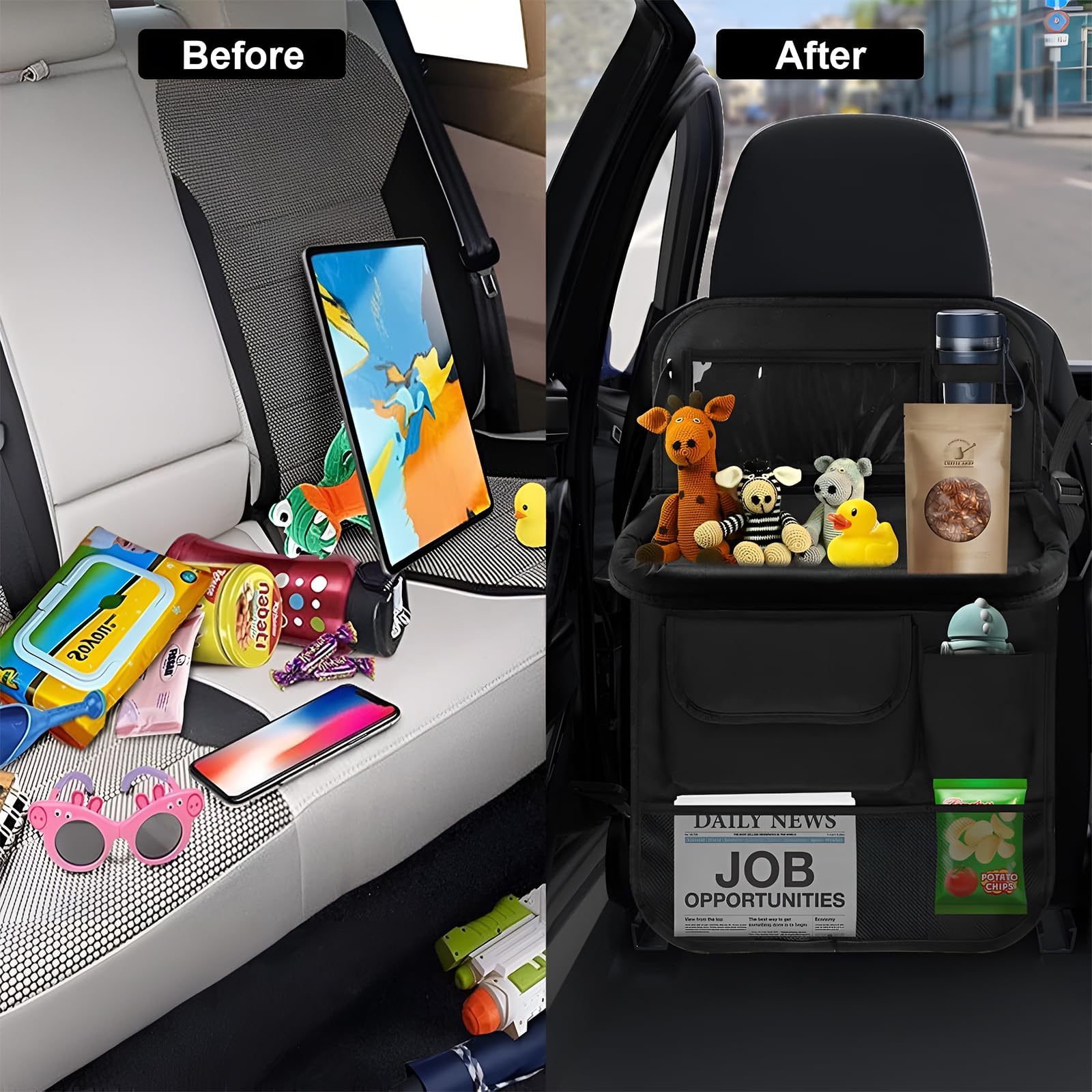 Vaskula Organisateur Voiture Noir Rangement Siege Voiture avec Table Rabattable Nombreuses Poches Protection Siege Voitures Multifonction Étanche pour Enfants Longs Trajets en Voitures