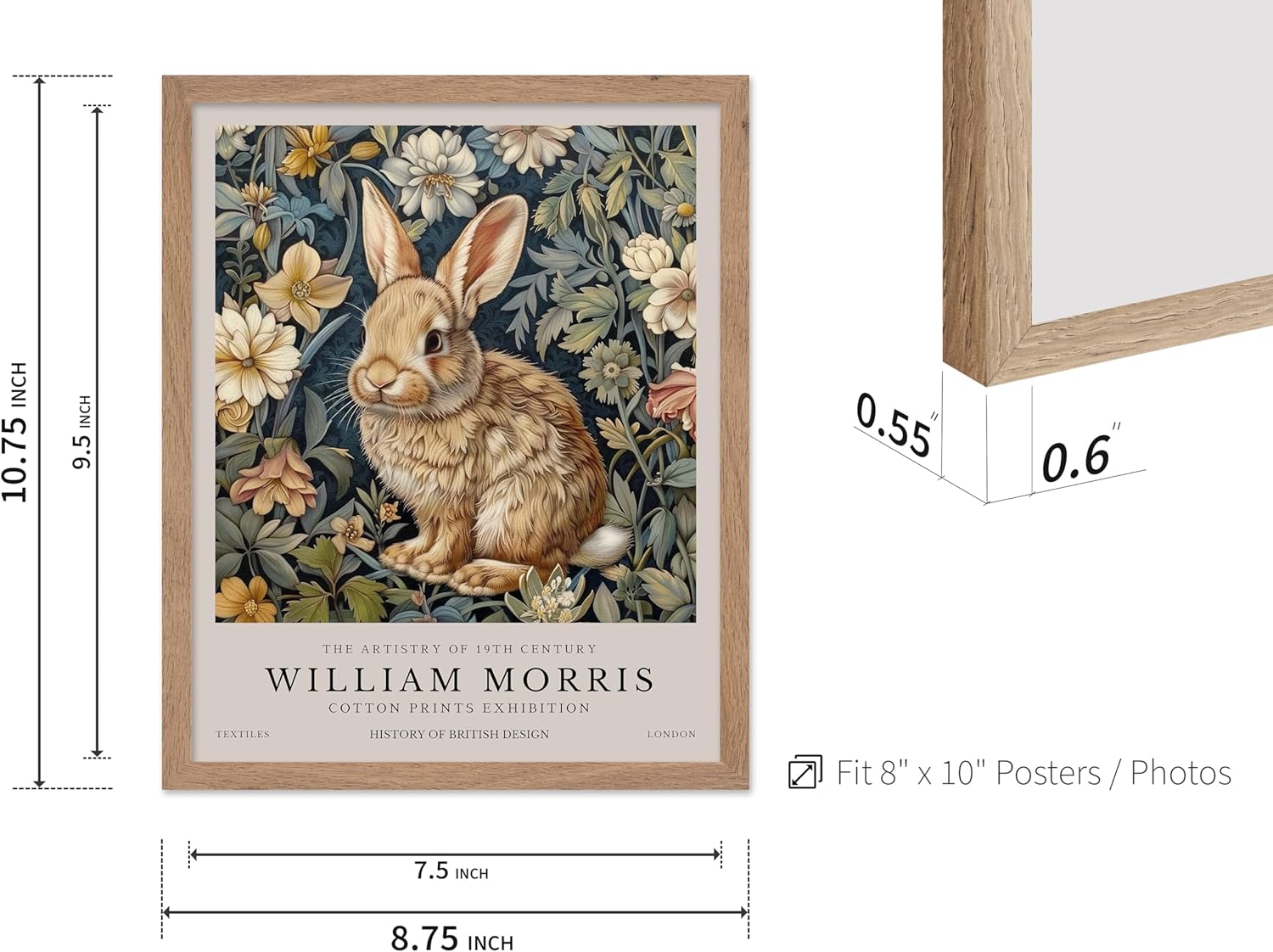 Monem Art William Morris Poster - Rabbit Print - Flower Art - Exhibition Piece - Animal Illustration - Floral Design - Bunny Portrait - Aesthetic Office or Bedroom Decor - 8x10 Beige Framed