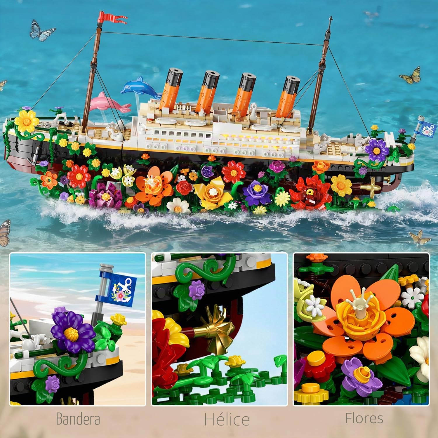 INSOON Blumen Titanic Juguete de construcción con luz, barco Titanic con flores, delfines botánicos, 1860 piezas modelo de barco, ladrillos de sujeción, regalo para adultos, niños, niños y niños