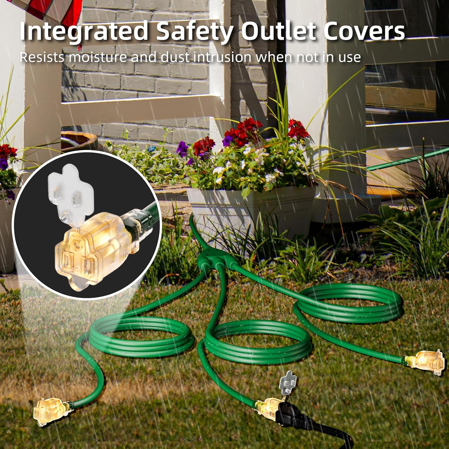 Christmas 42FT Outdoor Extension Cord with Multiple Outlets, 1-to-3 Splitter, 30 FT End-to-End with 24 FT Leader (42FT Total), 16/3C SJTW Weatherproof Power Cord for Outdoor, Christmas, ETL Listed