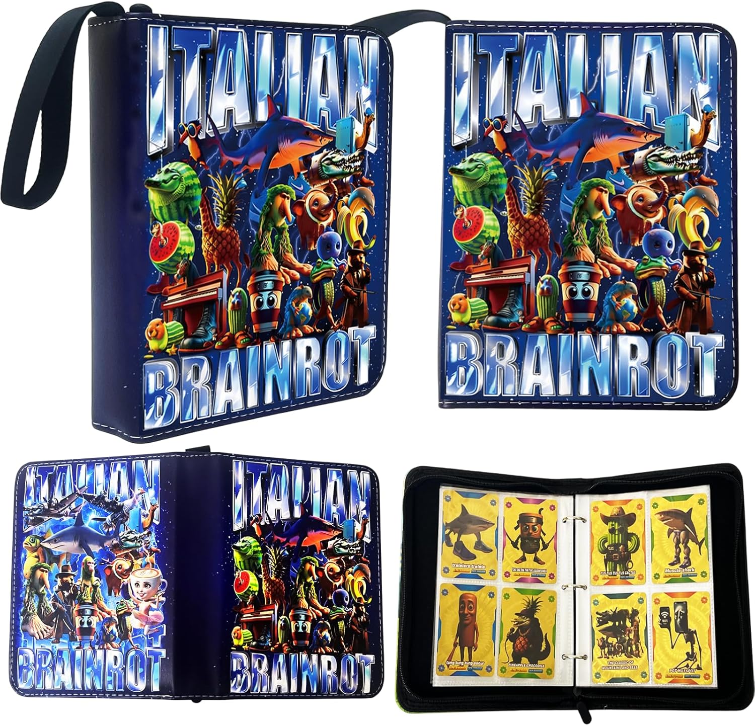 Italian Brainrot Trading Card Binder 4 Pocket 400 Pockets Zipper Card Binder Album for Brainrot Cards, Waterproof Card Storage Holder with Removable Sleeves (1-Blue)