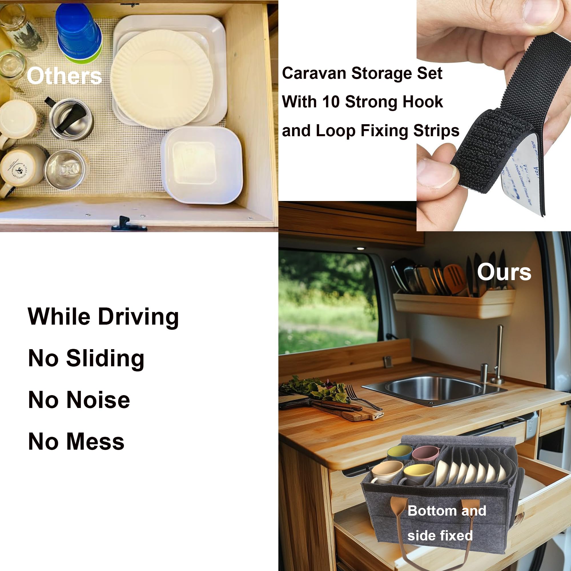 Genérico Organizador Vajilla Camping para Autocaravana,Caja Platos Camping con 8 Compartimentos y Separadores,Bolsa Vajilla Camper de Fieltro con Soporte para 4 Tazas,con 10 Tiras de Fijación(PC)