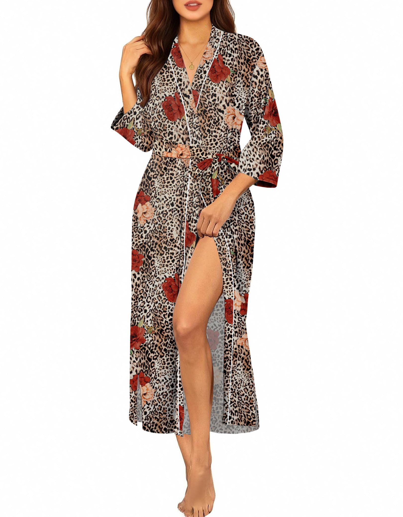 Ekouaer Robes for Women Long Knit Bathrobe Lightweight 3/4 Sleeves Kimono Robe Soft Sleepwear with Pockets S-XXL