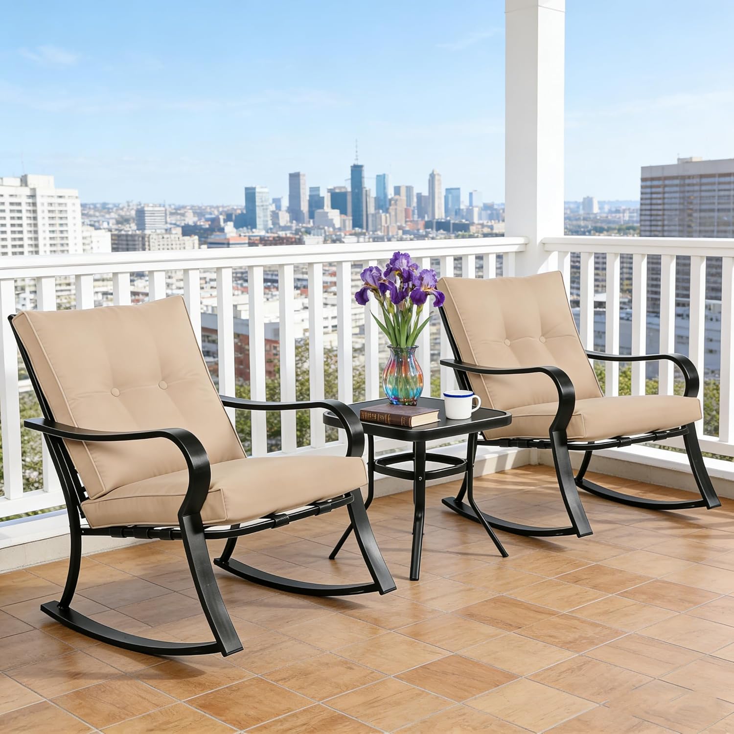 SUNCROWN Outdoor 3-Piece Rocking Chairs Patio Bistro Set Black Steel Furniture with Thickened Cushion and Glass-Top Coffee Table, Brown