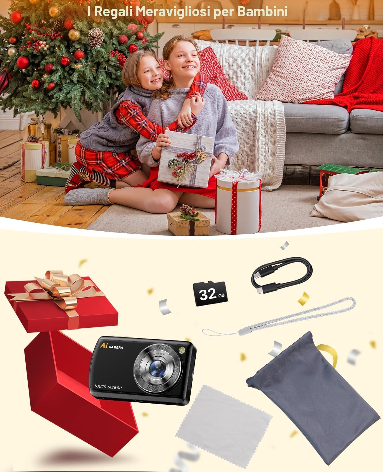 AI Intelligente Macchina Fotografica Digitale con WiFi, Autofocus Fotocamera Doppiac Anteriore e Posteriore con Schermo Touchscreen da 3,6 Pollici, Scheda SD da 32 GB per Bambini, Adolescenti, Adulti