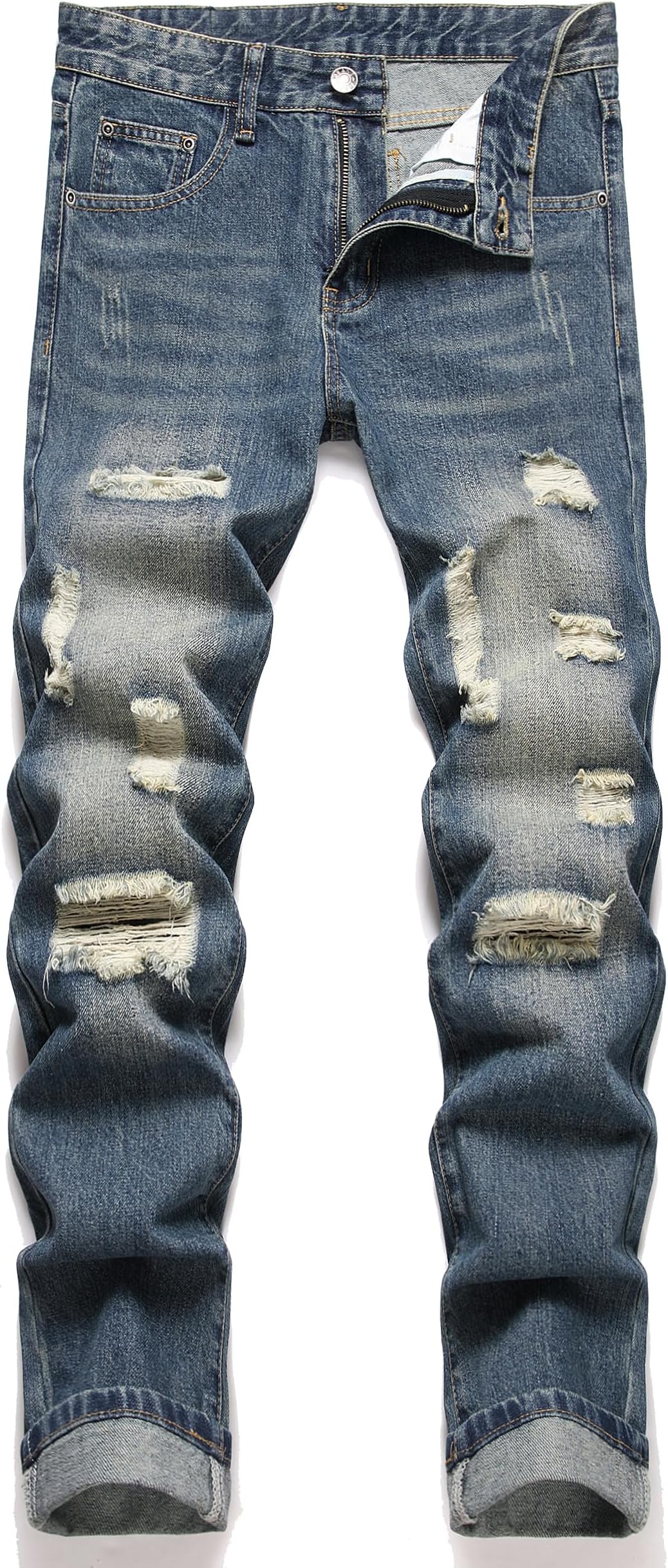 OIIIO Men's Ripped Slim Fit Straight Leg Jean Denim Pant