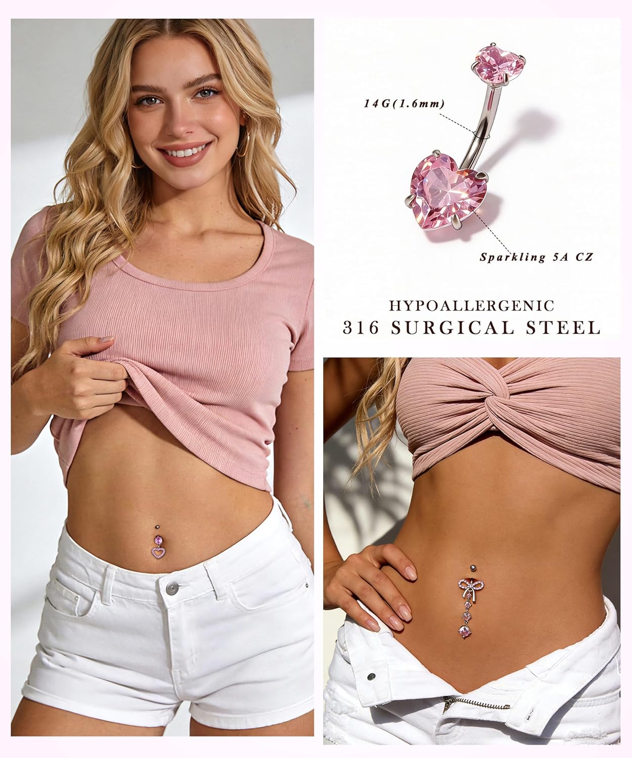 Dangle Belly Button Rings Piercing Jewelry for Women Surgical Stainless Steel Dangling Belly Ring Pack with Heart Bow Elements 14g - Image 4