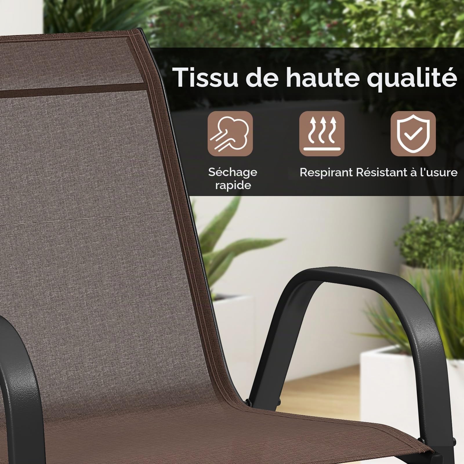 GIANTEX Lot de 4 Chaises de Jardin Extérieures, Chaise de Salle à Manger Empilables Cadre en Acier avec Mains Courantes, Fauteuil d'Extérieur avec Dossier et Siège Ergonomiques (Marron)