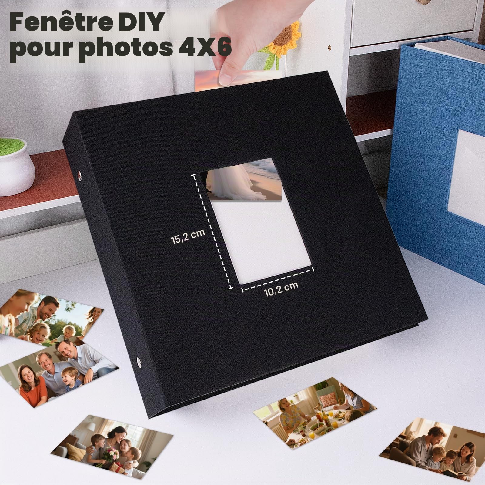 Ruibytree Album Photo Pochettes 10x15 pour 1000 Photos, Extra Grand Format, Couverture en Lin avec Fenêtre Avant, Accueille Photos Horizontal et Vertical, Idéal pour Famille, Mariage (Noir)