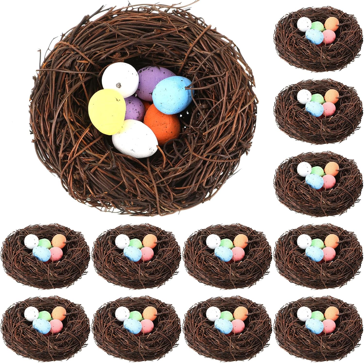 Simgoing 12 Pcs Birds Nests with 100 Pcs Eggs, Mini Artificial Bird Nest for Crafts, Party, Wedding, Faux Rattan Nest Decorating(3.2 Inch)