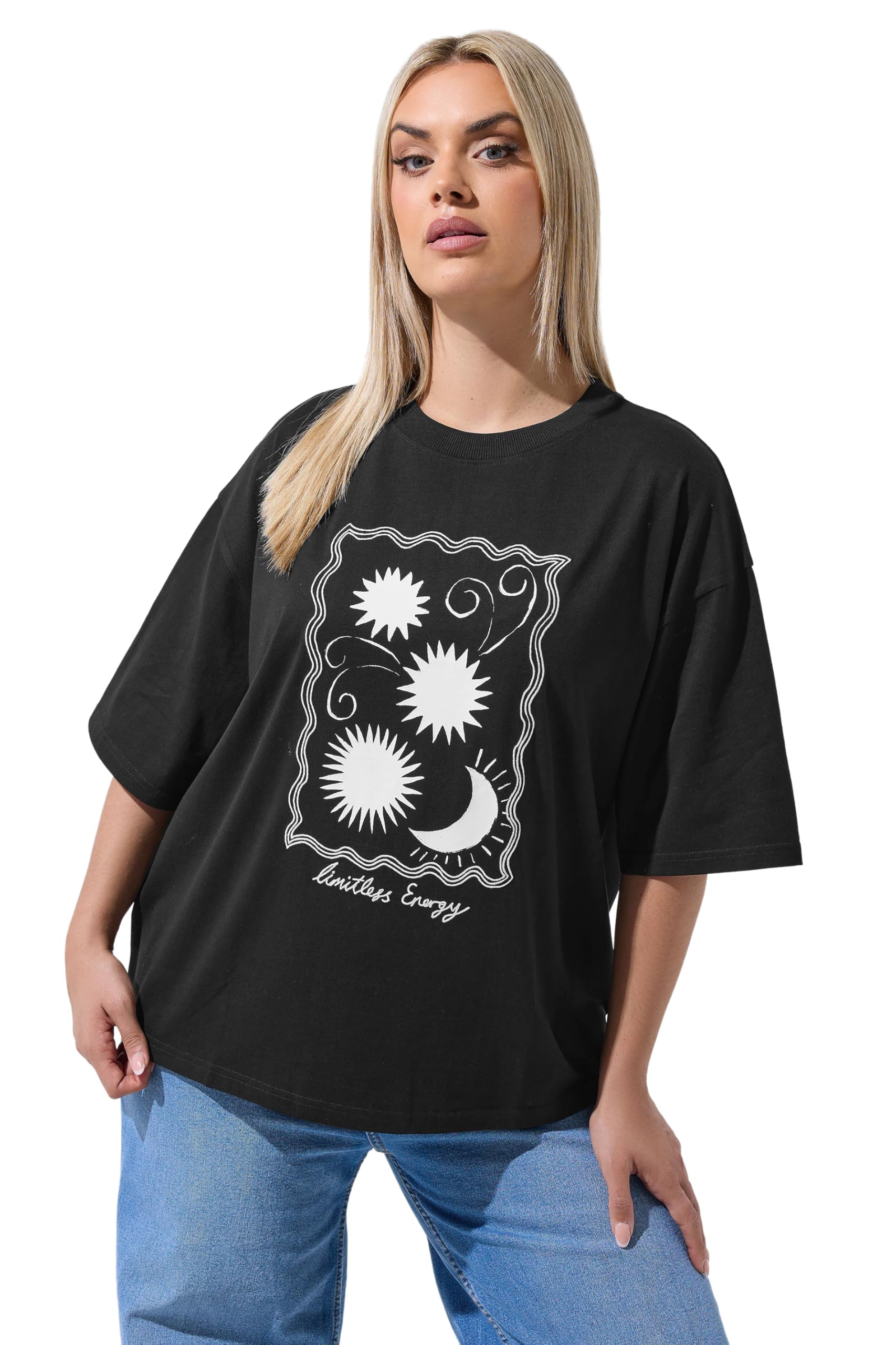 Yours Women's Black Embroidered Sun Graphic T-Shirt In | Size: 26-28