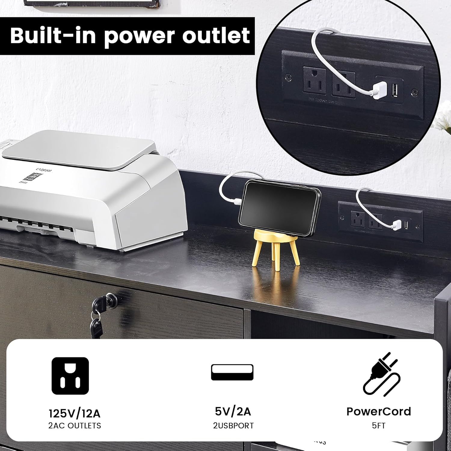 45" File Cabinet for Home Office, Mobile Office Storage Cabinet with Built-In Power Outlet, 2 Drawer Filing Cabinet with Lock, Shelves, Metal Hook, Storage Bag fits A4/Legal/Letter Size (Black)