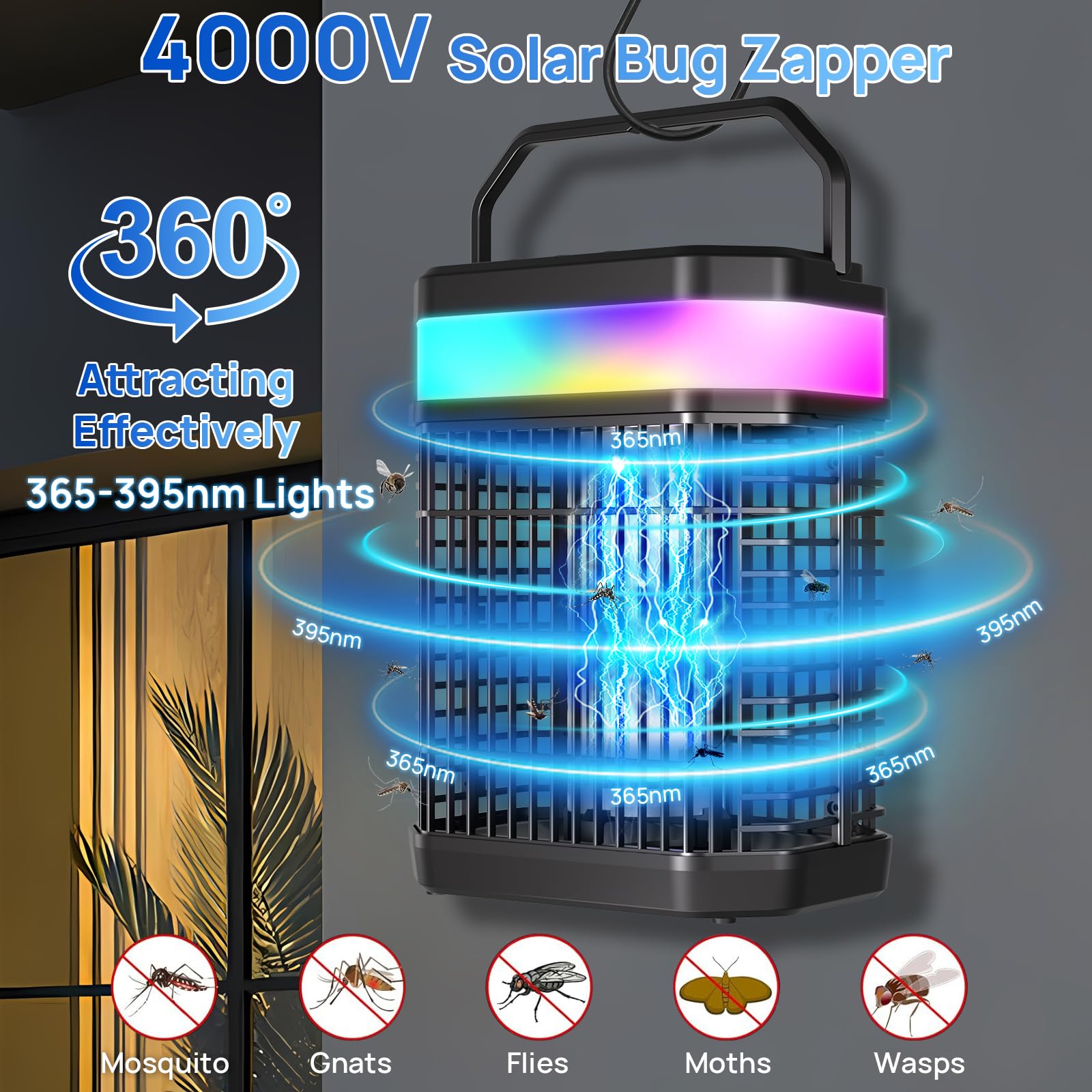 Solare Lampada Antizanzare Elettrico,Zanzariera Elettrica Esterno 4000V,Anti Zanzare Solare con 5500mah & LED,Ammazza Zanzare Ricaricabile & IP65 per Esterno,Interno,Giardino,Camping,Patio