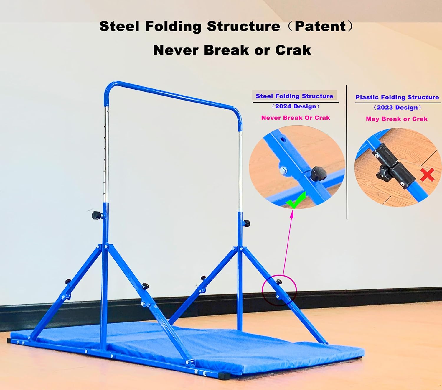 MARFULA Foldable Gymnastic Bar for Kids Ages 3-12, 9 Height Levels, 200 lbs Weight Capacity, 5 Ft Length Gymnastic Kip Bar with Mat, Gymnastic Equipment for Home and Gym Center Indoor Outdoor Use Kip Bar With Mat Blue (Bar With Mat)